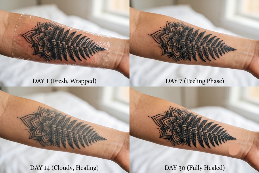 Tattoo healing timeline visual guide - week by week progression