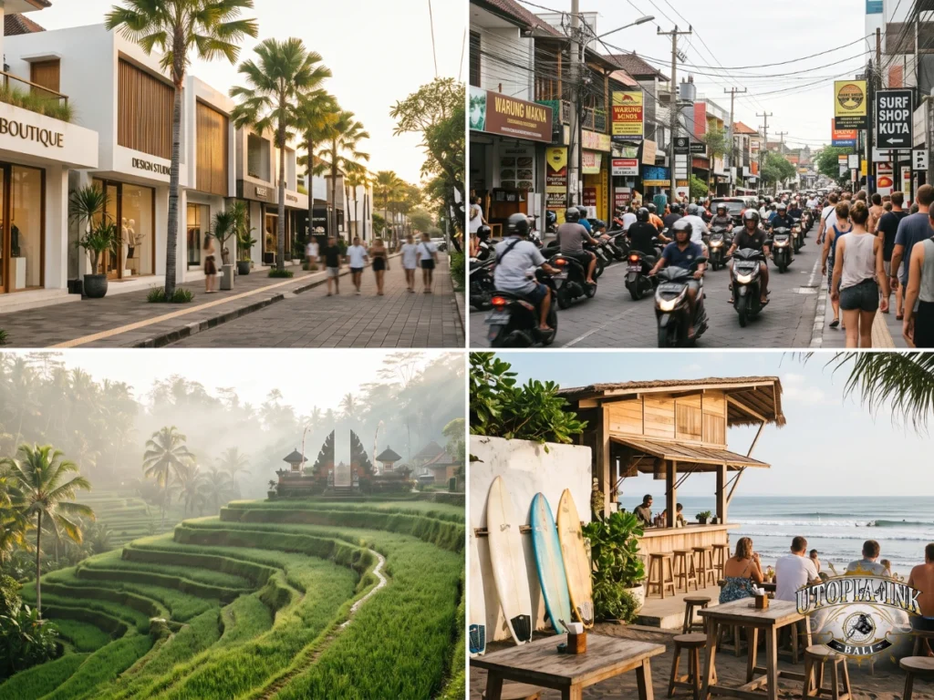 Bali tattoo studio location comparison - Seminyak, Kuta, Ubud, Canggu areas character overview