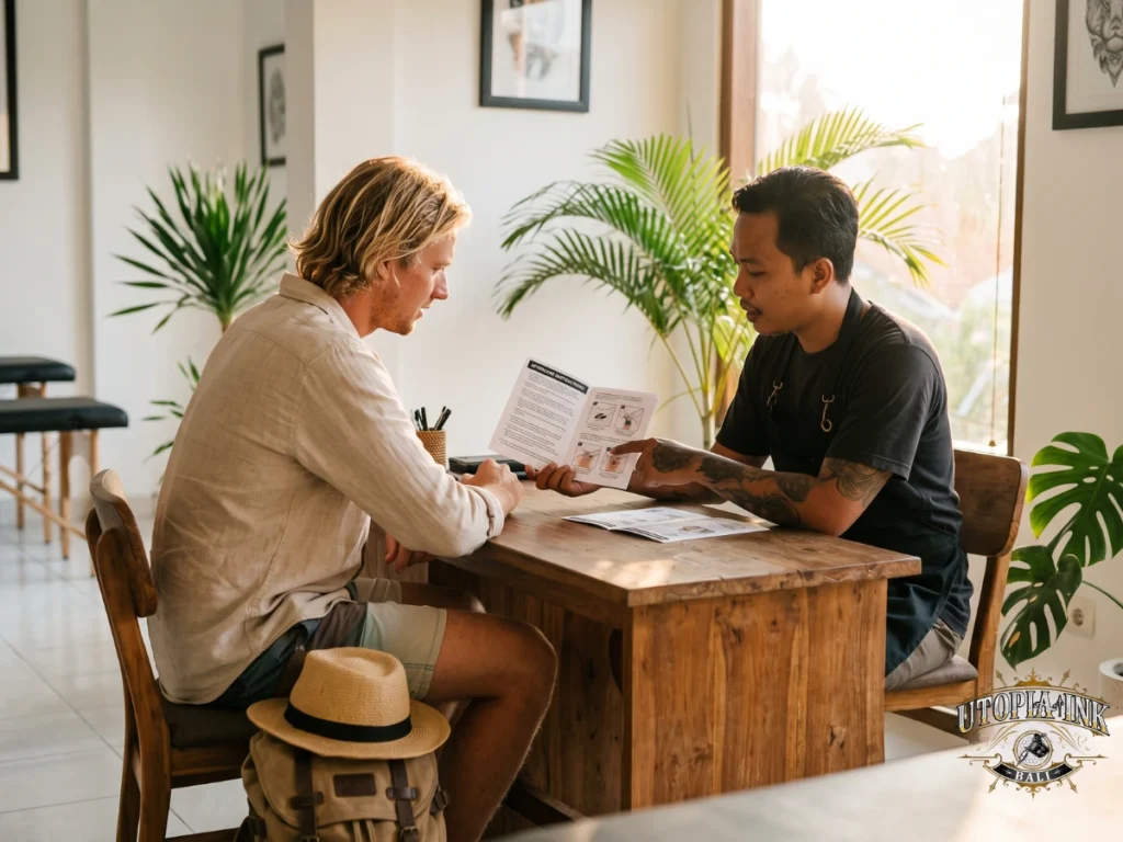 International traveler consulting with tattoo artist about aftercare for Bali holiday
