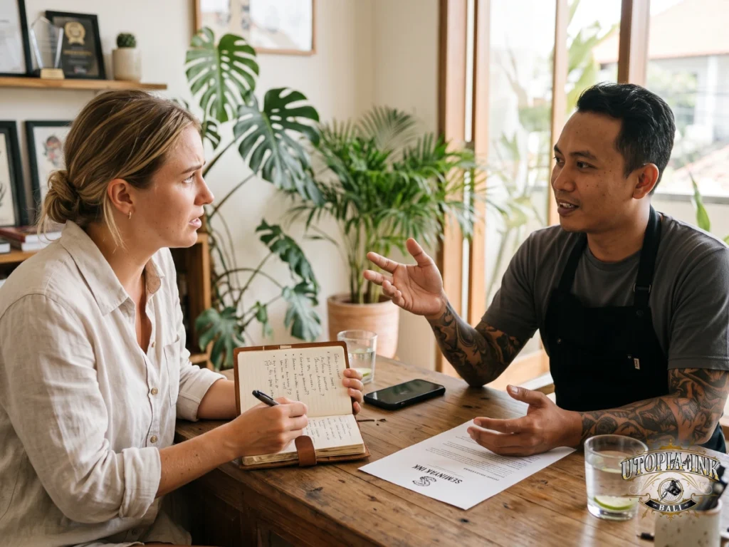 Client asking detailed questions during tattoo studio consultation in Seminyak Bali