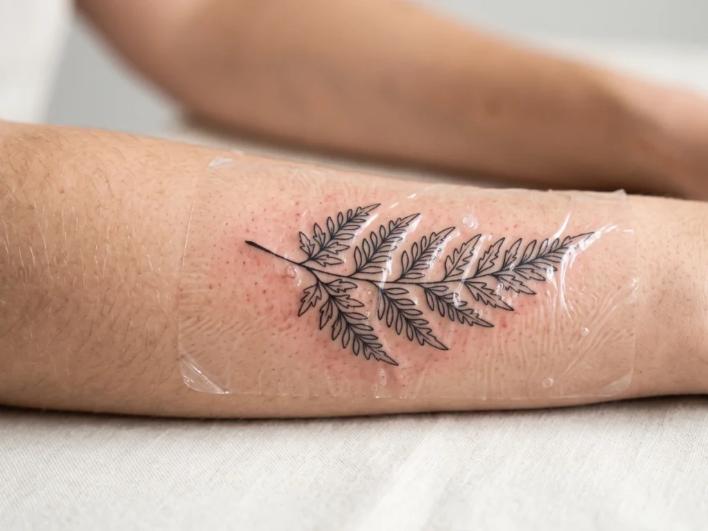 Fresh tattoo covered with transparent aftercare wrap for initial healing period