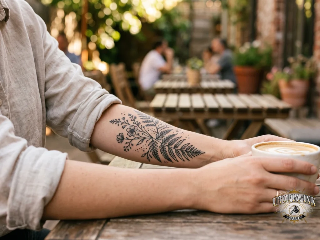 Healed professional tattoo result from safe Bali studio - Australian traveler forearm piece
