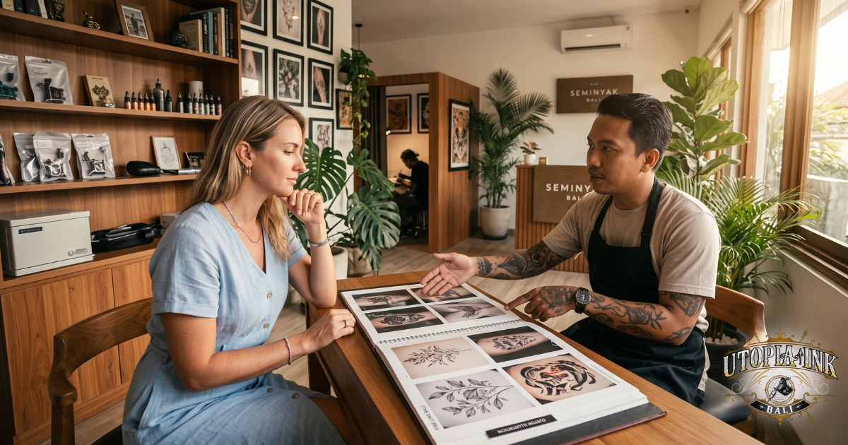 Client evaluating tattoo studio during consultation in Seminyak Bali - portfolio and artist selection