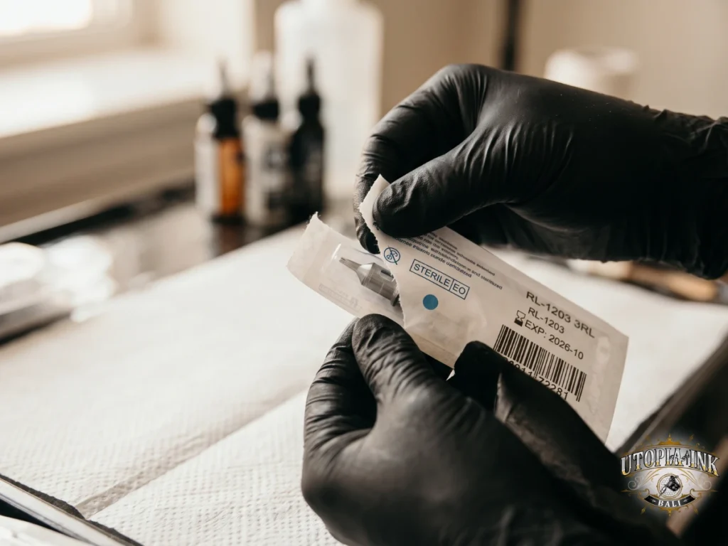 Tattoo artist opening sealed single-use needle package before client session