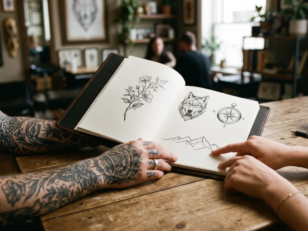 Client reviewing tattoo artist portfolio during consultation at Seminyak studio