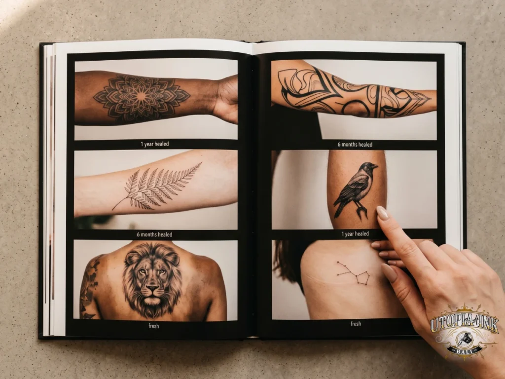 Tattoo portfolio book showing healed work examples for artist evaluation