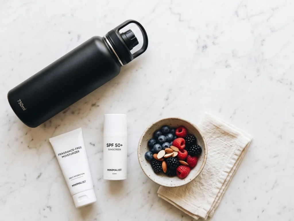Skin preparation essentials before tattoo - water, moisturizer, sunscreen, and healthy meal