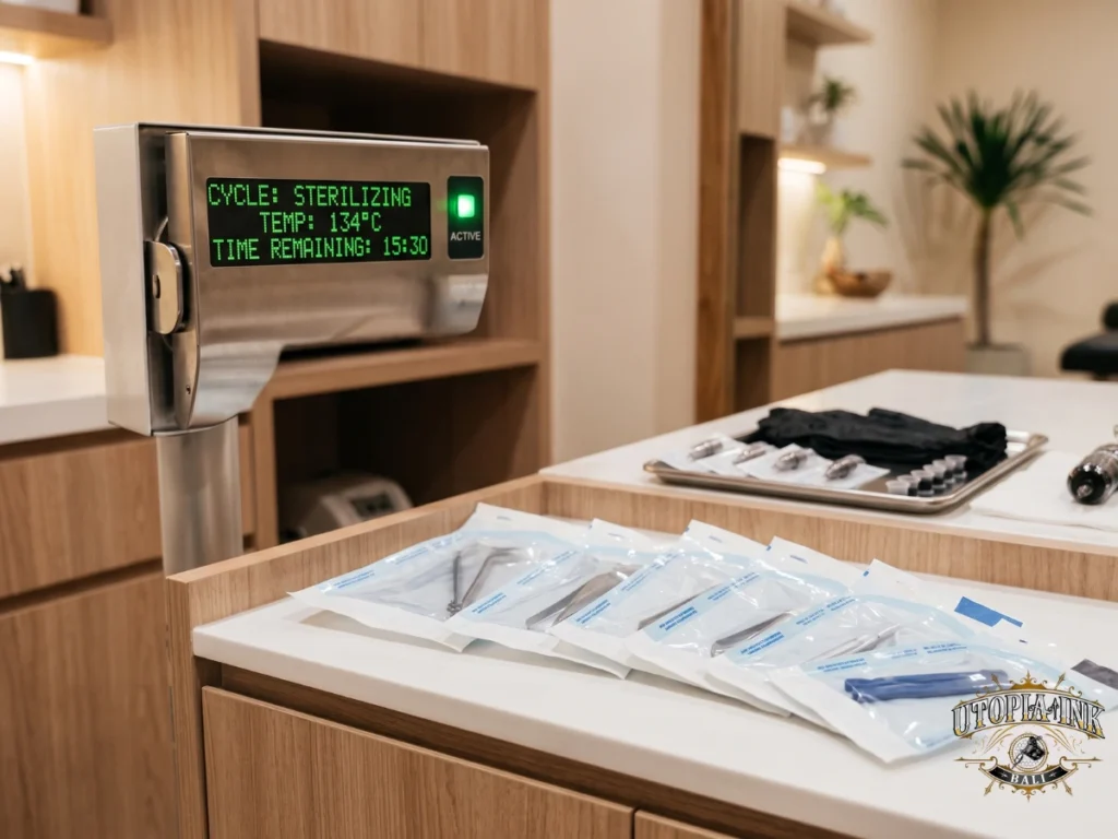 Medical-grade autoclave for tattoo tool sterilization at professional Bali studio