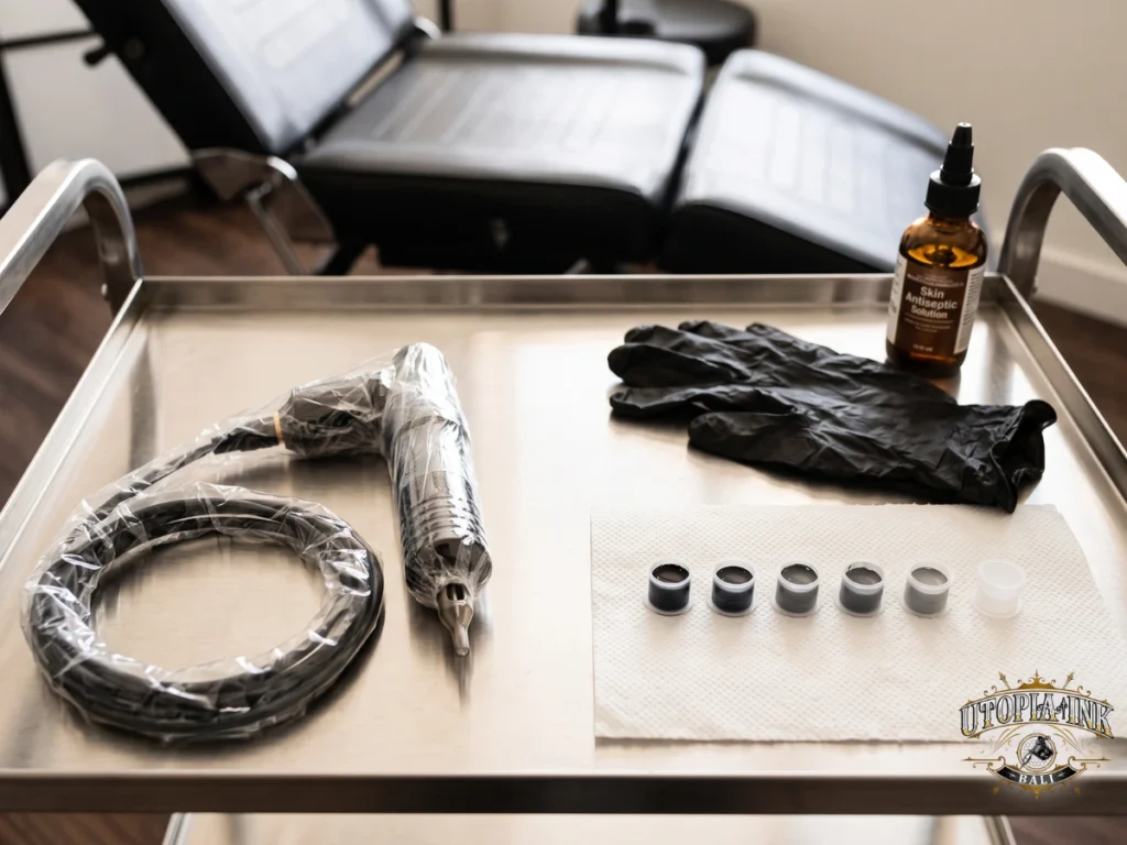 Tattoo workstation with disposable barrier film protection following Australian hygiene standards